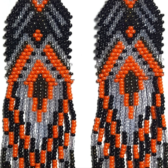 Long Orange Black Beaded Tassel Statement Earrings Boho Fringe Bohemian Tassels - Picture 5 of 6